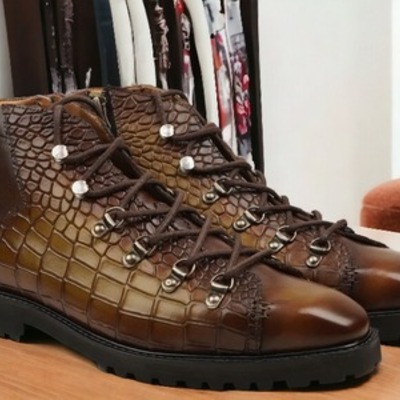 Handmade men's brown alligator print leather lace up chunky sole boots