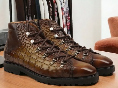 Handmade Men's Brown Alligator Print Leather Lace Up Chunky Sole Boots