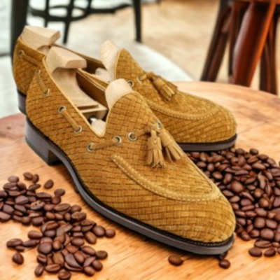 Fashion men's woven leather brown tassle handmade loafer shoes