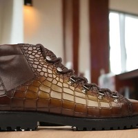 Handmade Men's Brown Alligator Print Leather Lace Up Chunky Sole Boots - Thumbnail 1
