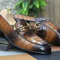  Men's Two Tone Alligator Print Leather Horse Bit Loafer Handmade Shoes - Thumbnail 1
