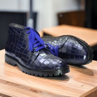 Handmade Men's Blue Alligator Print Leather Chunky Sole Lace Up Fashion Boots - Thumbnail 1