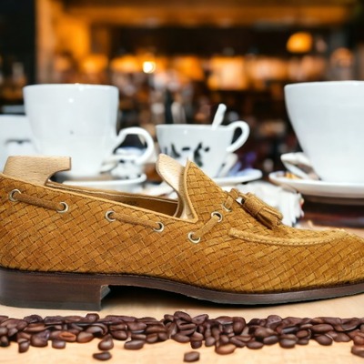 Men's woven leather handmade brown tassle loafer shoes - Thumbnail 1