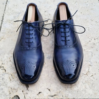 Handmade Men's Navy Blue Leather Lace Up Shoes - Thumbnail 1