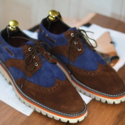 Handmade men's two tone suede lace up wing tip chunky sole dress shoes - Thumbnail 4