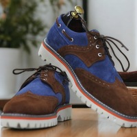 Handmade Men's Two Tone Suede Lace Up Wing Tip Chunky Sole Dress Shoes - Thumbnail 1