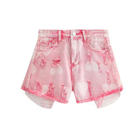 Pink High Waist Love Pattern Curling Washed Ripped Denim Shorts - Thumbnail 7