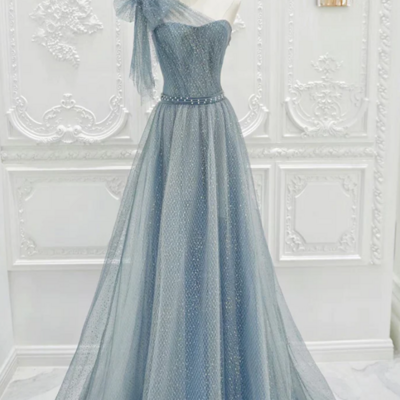 A line one shoulder tulle sequin gray blue long prom dress, sequin long formal dress kpp1774