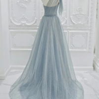 A Line One Shoulder Tulle Sequin Gray Blue Long Prom Dress, Sequin Long Formal Dress KPP1774 - Thumbnail 2