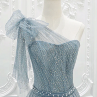 A Line One Shoulder Tulle Sequin Gray Blue Long Prom Dress, Sequin Long Formal Dress KPP1774 - Thumbnail 3