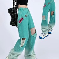 Distressed Gradient Green Wide-Leg Ripped Jeans - Thumbnail 1