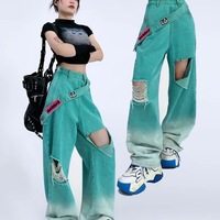 Distressed Gradient Green Wide-Leg Ripped Jeans - Thumbnail 2