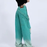 Distressed Gradient Green Wide-Leg Ripped Jeans - Thumbnail 3