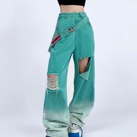 Distressed Gradient Green Wide-Leg Ripped Jeans - Thumbnail 4