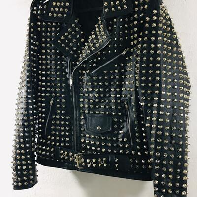 Crafted leather handmade black punk biker studded leather jacket  - Thumbnail 4