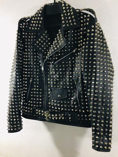 Crafted Leather Handmade Black Punk Biker Studded Leather Jacket 