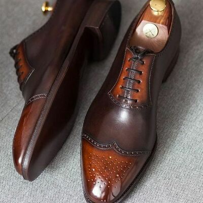 Handmade tan brown wing tip brogue leather shoes, mens lace up shoes, mens shoes - Thumbnail 2