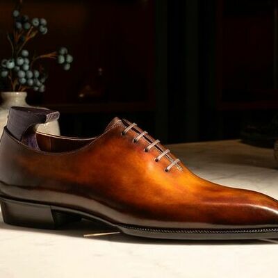Handmade men whole cut dress lace up oxford shoes with customized brown patina - Thumbnail 1