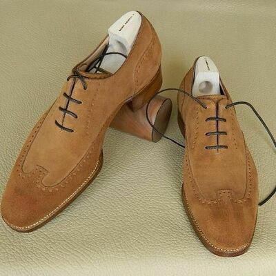 Handmade dark beige color suede leather lace up party wear rounded toe shoes - Thumbnail 2