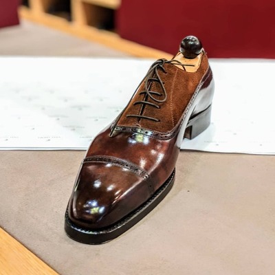 Two toned balmoral walnut museum calf and deer brown suede leather oxford dress lace up shoes - Thumbnail 1