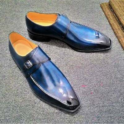 New men's hand stitched leather blue monk strap shoe - Thumbnail 1