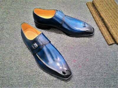 New Men's Hand Stitched Leather Blue Monk Strap Shoe