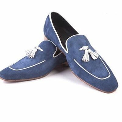 Made to order apron toe suede leather blue tassel loafer slip ons men shoes