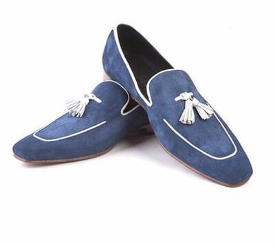 Made To Order Apron Toe Suede Leather Blue Tassel Loafer Slip Ons Men Shoes