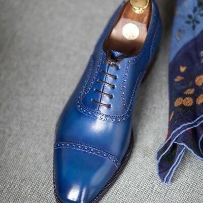 Men's real leather casual dress royal blue tone cap toe lace up vintage shoes