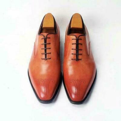 Handmade men tan brown formal leather shoes, men dress shoes, men's wear