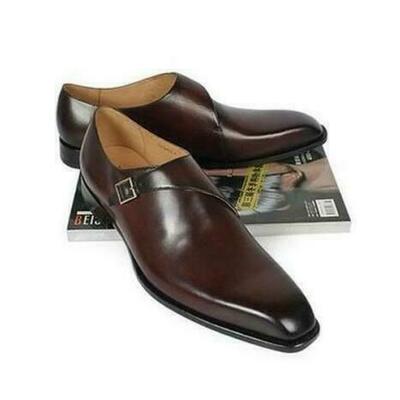 Handmade men's brown formal monk shoes, men brown dress shoes, men leather shoes