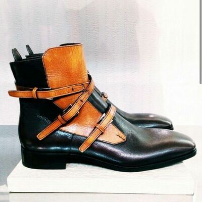 Men's tan black jodhpur leather triple buckle straps made to order stylish boots