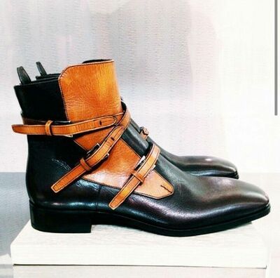 Men's Tan Black Jodhpur Leather Triple Buckle Straps Made To Order Stylish Boots