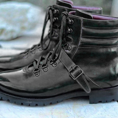 Handmade black lace up leather boot, men's dress formal lace up strap ankle boot - Thumbnail 2