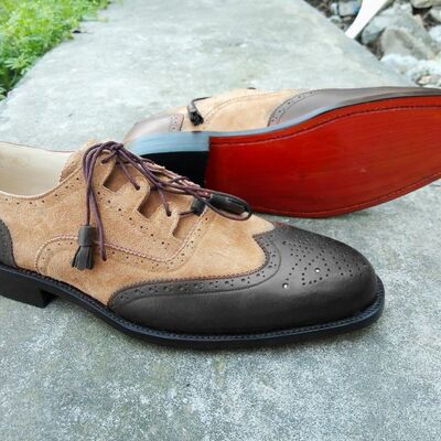 Men handmade two tone shoes, wing tip & brogue leather & suede formal shoes