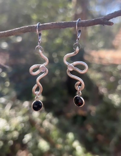 Moonstone & Obsidian Snake Earrings