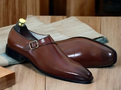 Handmade Men's Brown Singal Monk Buckle Leather Dress Shoes