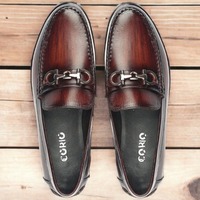 Handmade Men's  Burgundy Horse Bit Leather Slip On Loafer Shoes - Thumbnail 1