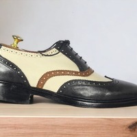 Men's Multi Tone Leather Handmade Lace Up Wing Tip Office Shoes - Thumbnail 1