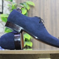 Fashion Handmade Men's Blue Suede Laceup Dress Shoes - Thumbnail 1