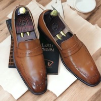 Men's Brown Leather Penny Loafer Handmade Fashion Shoes - Thumbnail 1