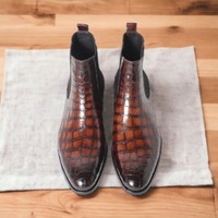 Handmade Brown Men's Fashion Alligator Print Leather Chelsea Ankle Boots - Thumbnail 1