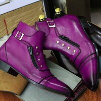 Men's Purple Leather Singal Monk Buckle Cap Toe Handmade Ankle Boots - Thumbnail 1
