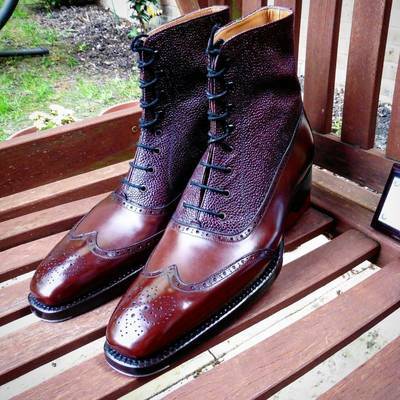 Men's two tone leather & pebbled leather lace up wing tip handmade dress ankle high boots