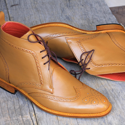 Ankle high tan chukka boot, men's handmade leather wing tip boots - Thumbnail 1