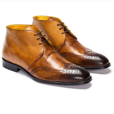 Handmade chukka boot, men's tan brown black tone leather boot. - Thumbnail 1