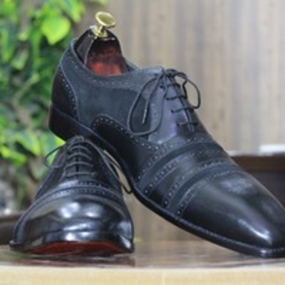 Handmade men's black leather & suede lace up cap toe fashion shoes