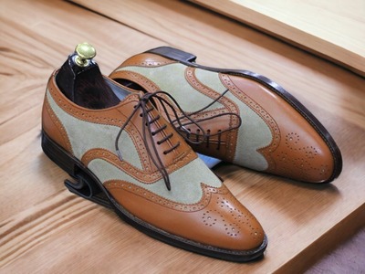 Men's Two Tone Leather & Suede Lace Up Wing Tip Handmade Office Shoes