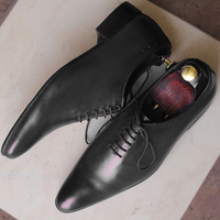 Men's Handmade Pointed Toe Lace Up Formal Black Leather Shoes - Thumbnail 1