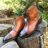 Ankle High Boot, Men's Brown Black Leather Cap Toe Lace Up Casual Boot. - Thumbnail 1